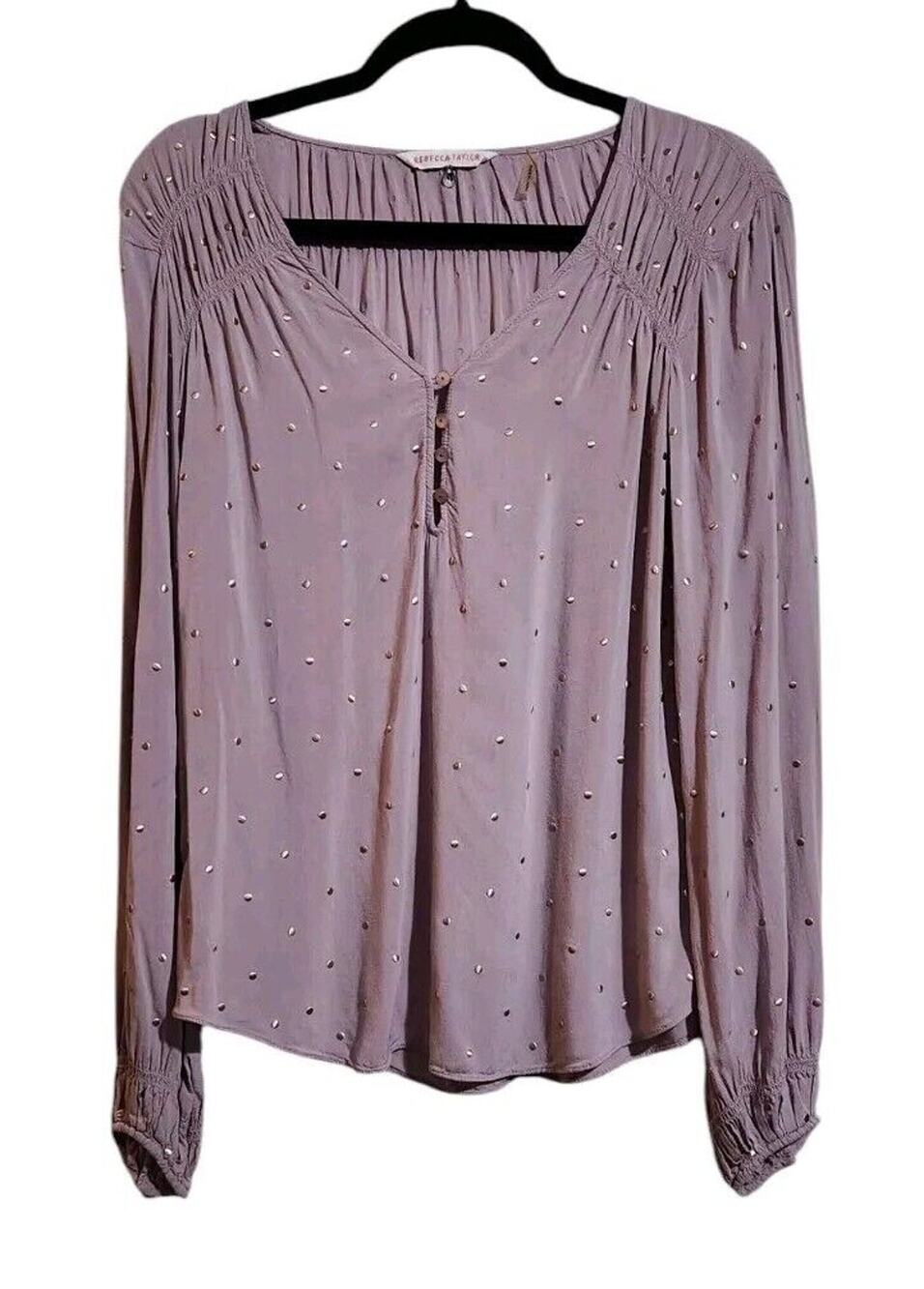 Rebecca Taylor Womens Rayon Metallic Spotted Print Long Sleeve Top Mauve Size 4